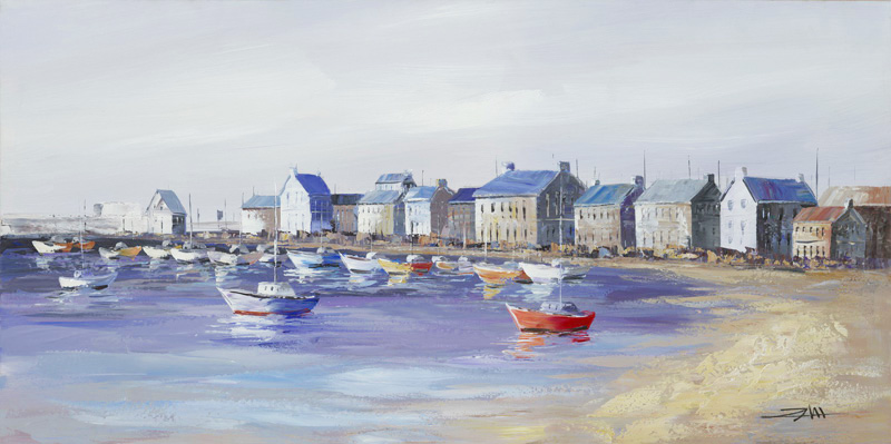 PXYW551 Wall décor art oil on canvas seascape boats blue white tones